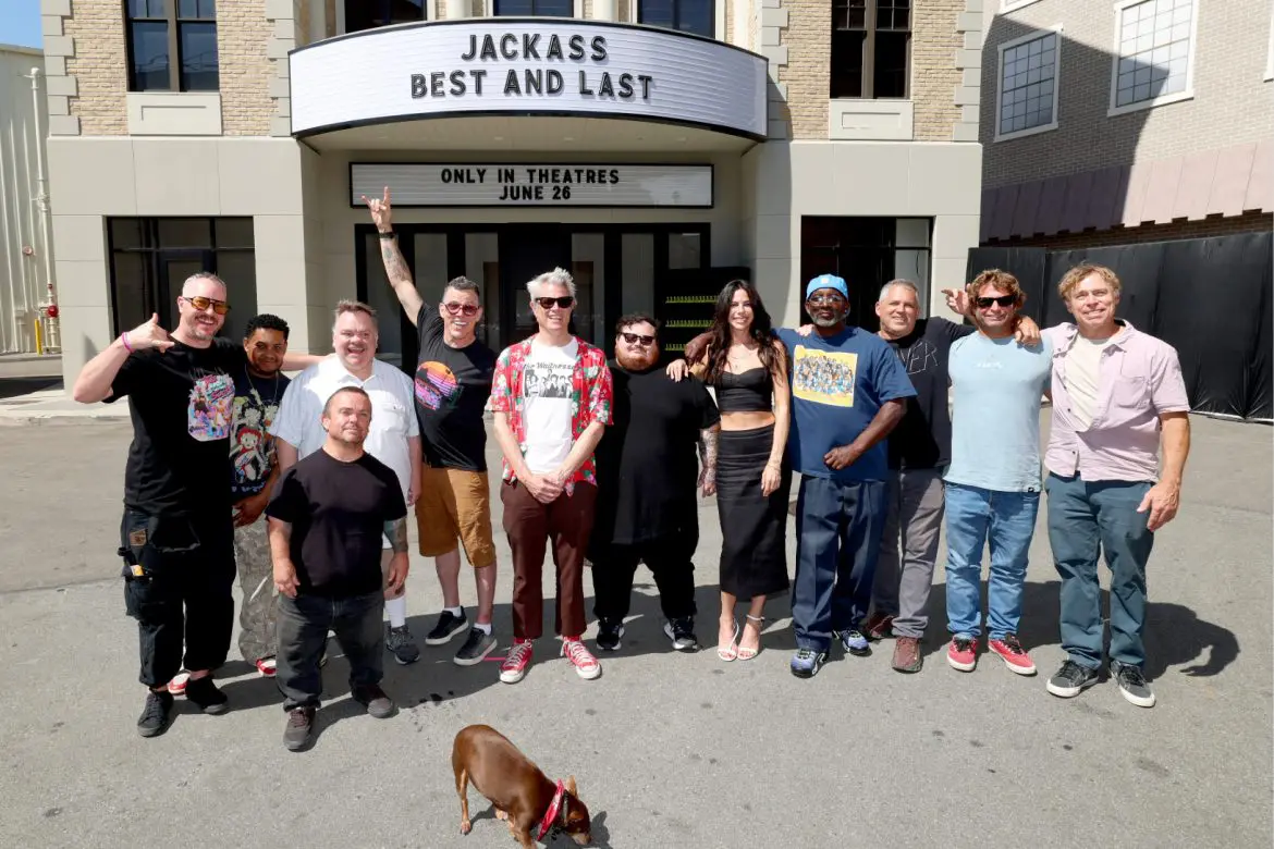 (L-R) Ehren McGhehey, Jasper Dolphin, Jason Acuña, Preston Lacy, Steve-O, Johnny Knoxville, Zach Holmes, Rachel Wolfson, Compston Wilson, Jeff Tremaine, Sean McInerney and Dave England attend the "jackass: best and last" Block Party at Paramount Pictures Studios on June 06, 2026, in Los Angeles, California. (Photo by Anna Webber/Getty Images for Paramount Pictures)