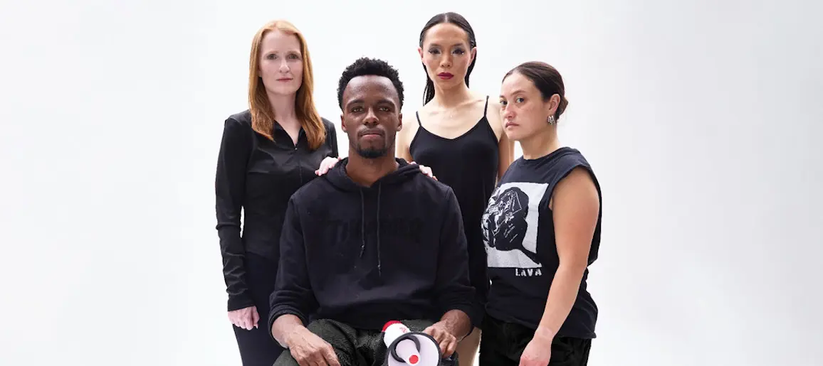 The cast of Chapter Meeting poses for a promotional photo ahead of the world premiere of Taylor Jon Gonzalez's political comedy at Wild Project in New York City.