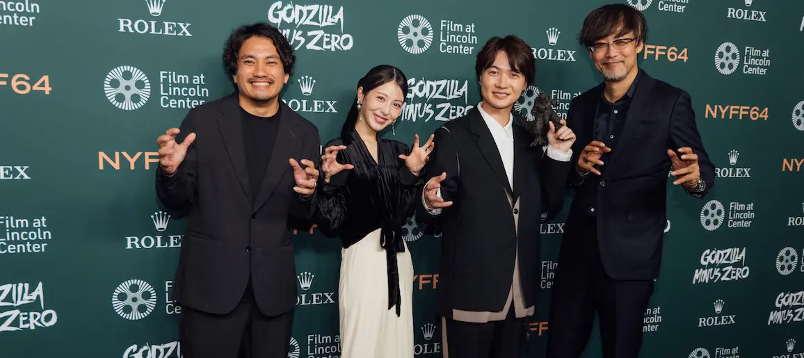 Takashi Yamazaki, Ryunosuke Kamiki and Minami Hamabe pose on the red carpet at the Godzilla Minus Zero world premiere during the 64th New York Film Festival.