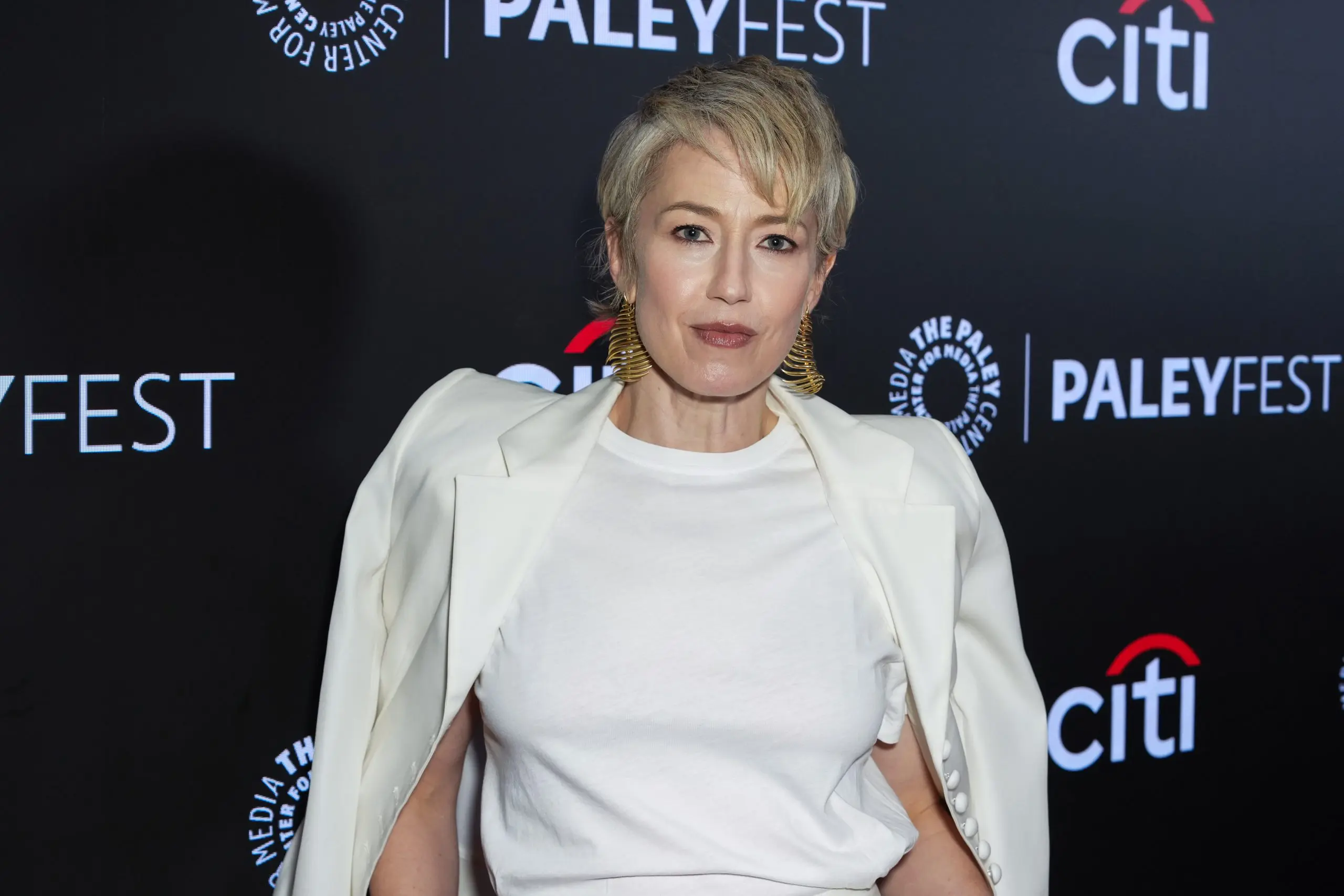 Carrie Coon walks the red carpet at the Season 4 premiere of The Gilded Age