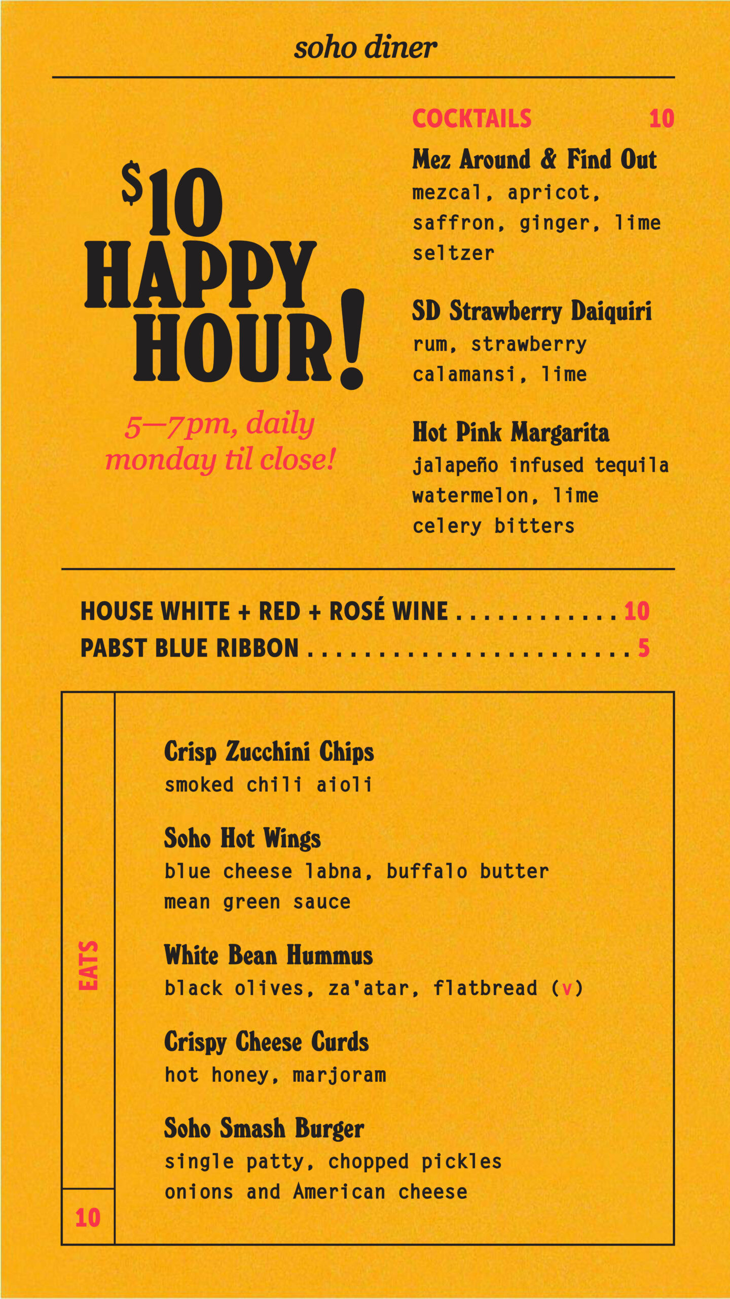 Soho Diner's happy hour menu