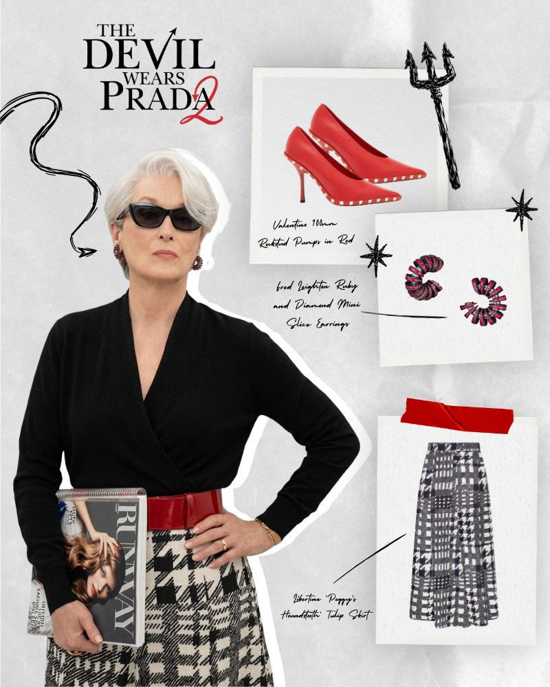 Meryl Streep as Miranda Priestly in The Devil Wears Prada 2 wearing a black and white houndstooth tulip skirt and red Valentino Rockstud pumps while holding a copy of Runway magazine.