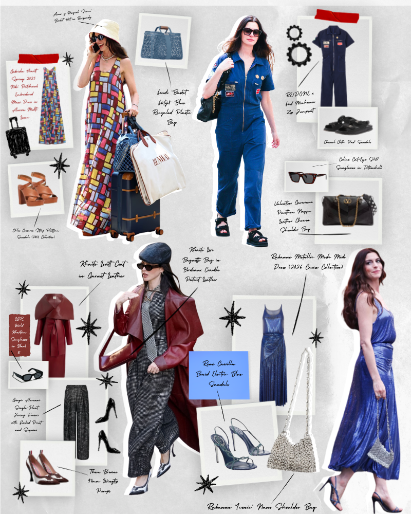 A four-frame fashion collage of Anne Hathaway as Andy Sachs featuring a patchwork maxi dress, a blue mechanic jumpsuit with Chanel sandals, a garnet leather coat, and a Rabanne metallic mesh midi dress.