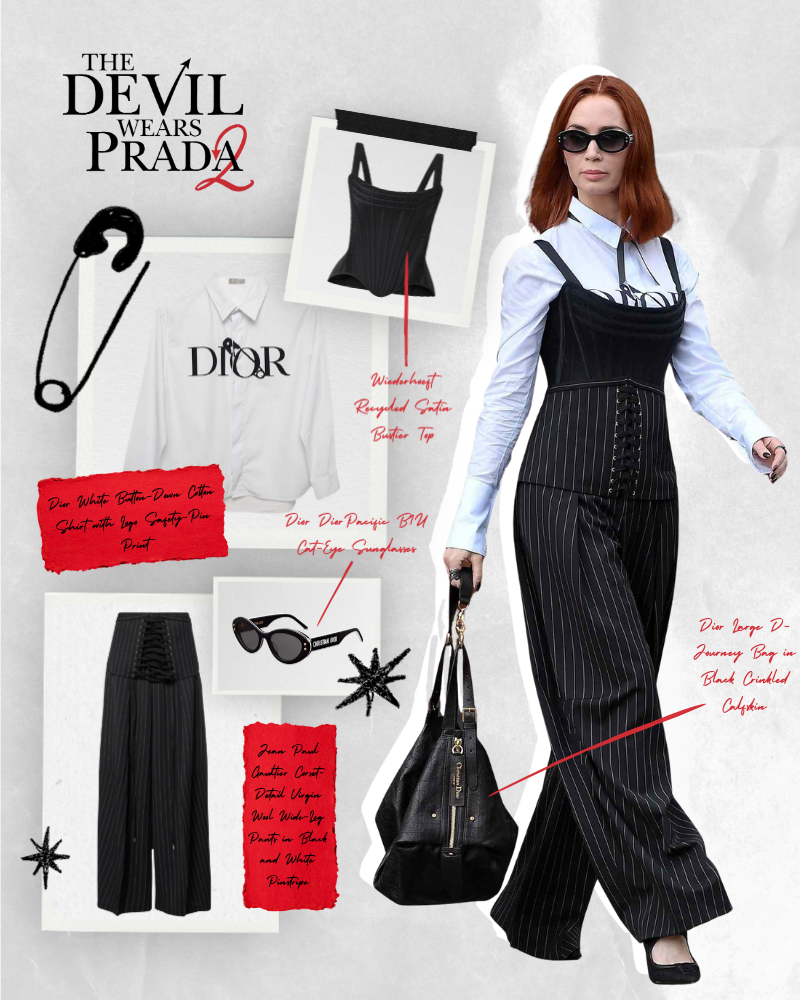Emily Blunt as Emily Charlton in a professional high-fashion ensemble featuring a black satin Wiederhoeft bustier over a white Dior safety-pin print shirt and wide-leg pinstripe trousers.