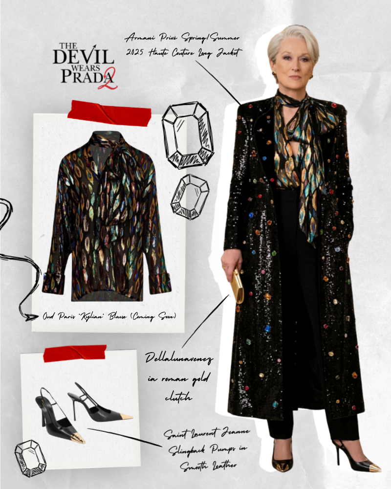 Meryl Streep as Miranda Priestly in a sophisticated Armani Privé Spring/Summer 2025 long jacket and Oud Paris blouse with amethyst earrings and a gold clutch.