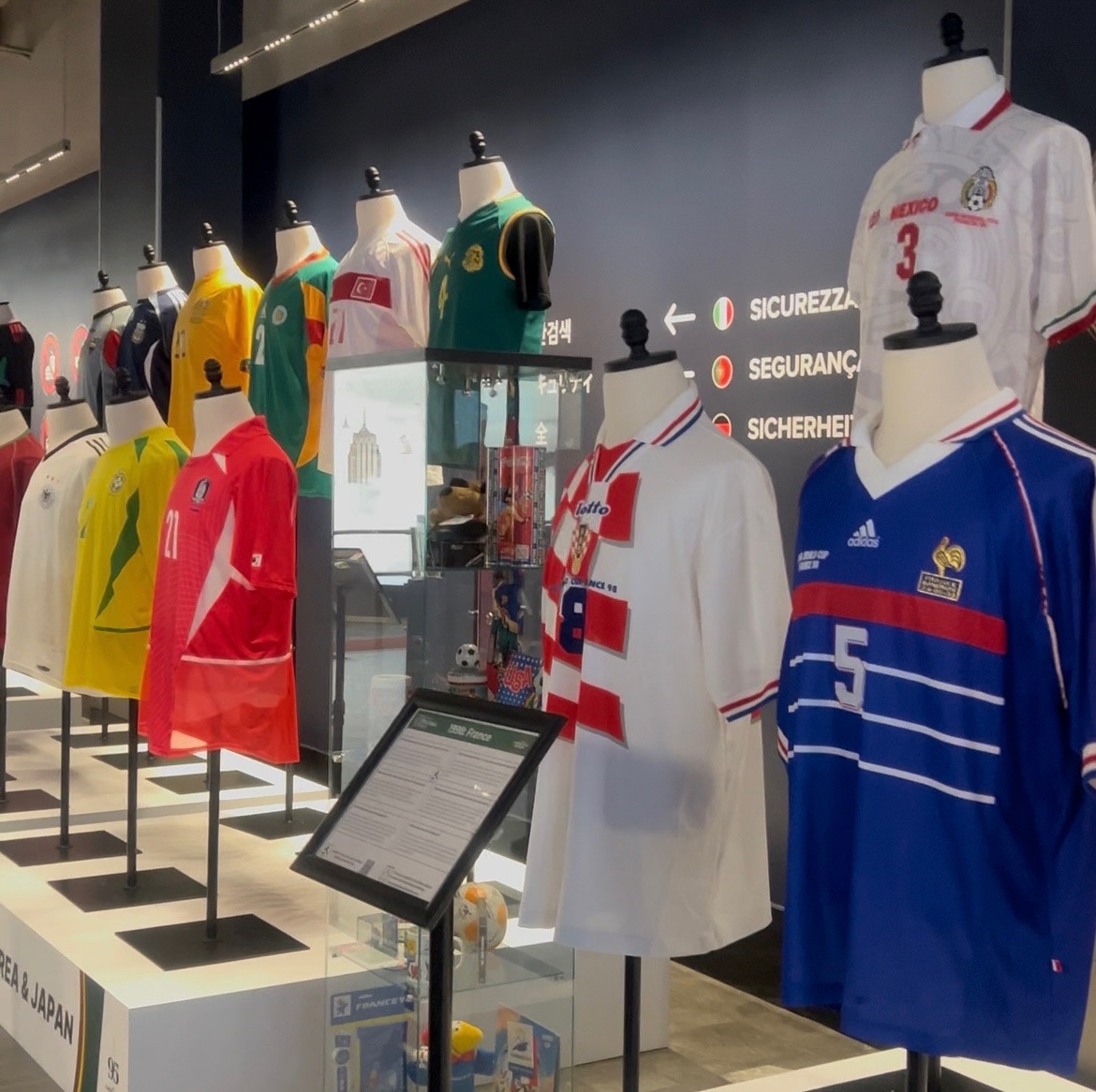 Soccer jerseys on display